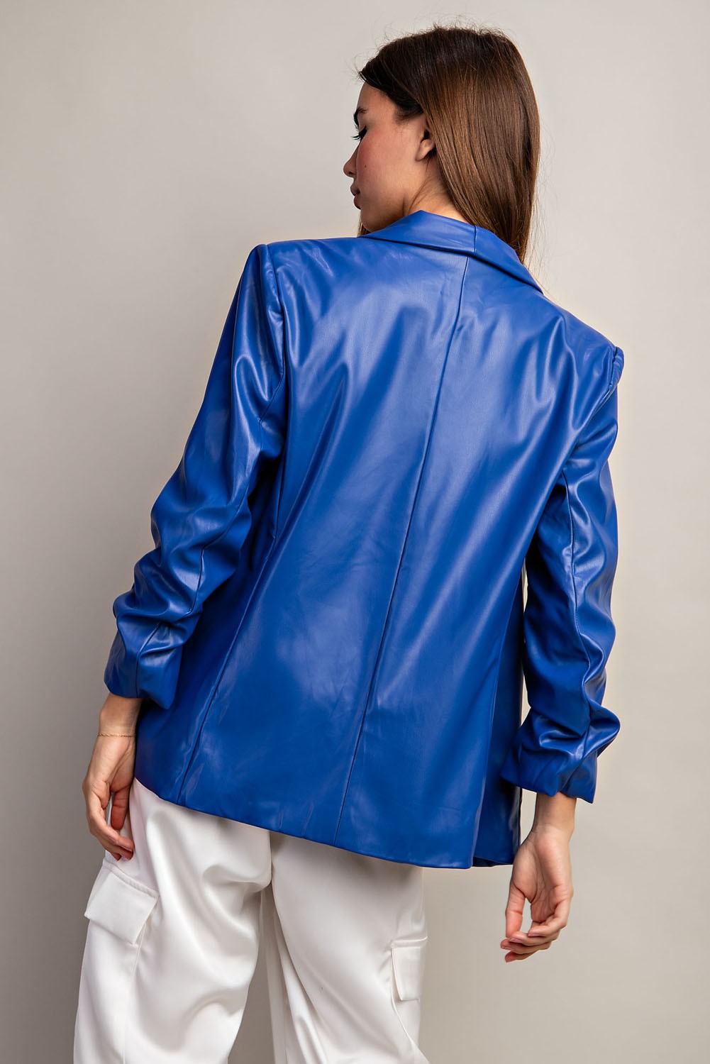 ALL BUSINESS FAUX LEATHER BLAZER-ROYAL BLUE
