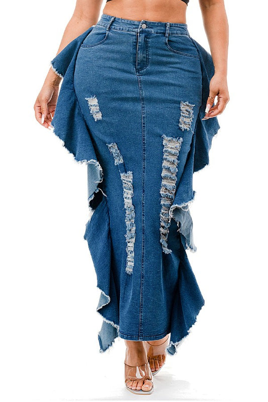 RUFFLED FEATHERS DENIM SKIRT