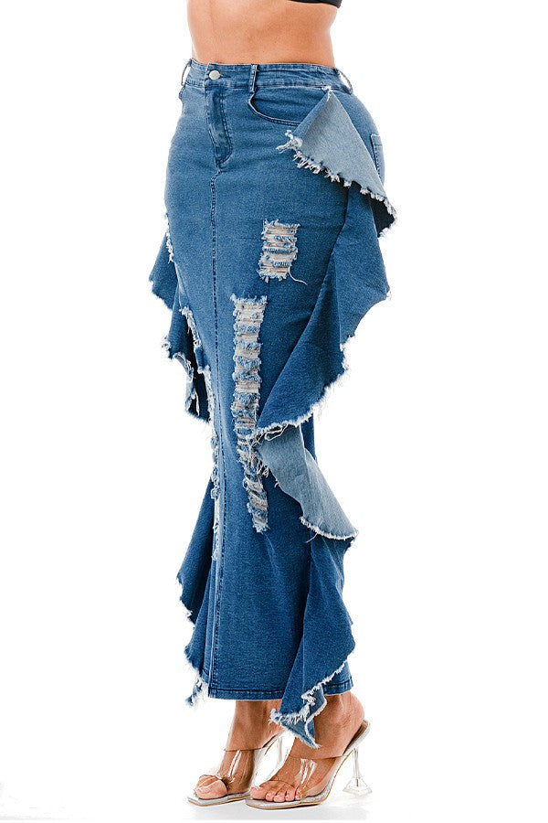 RUFFLED FEATHERS DENIM SKIRT