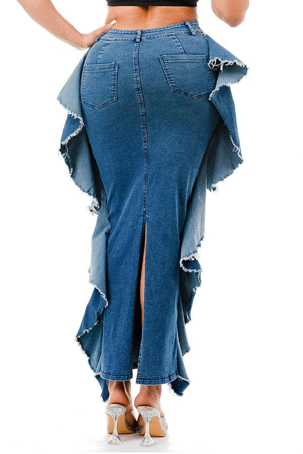 RUFFLED FEATHERS DENIM SKIRT