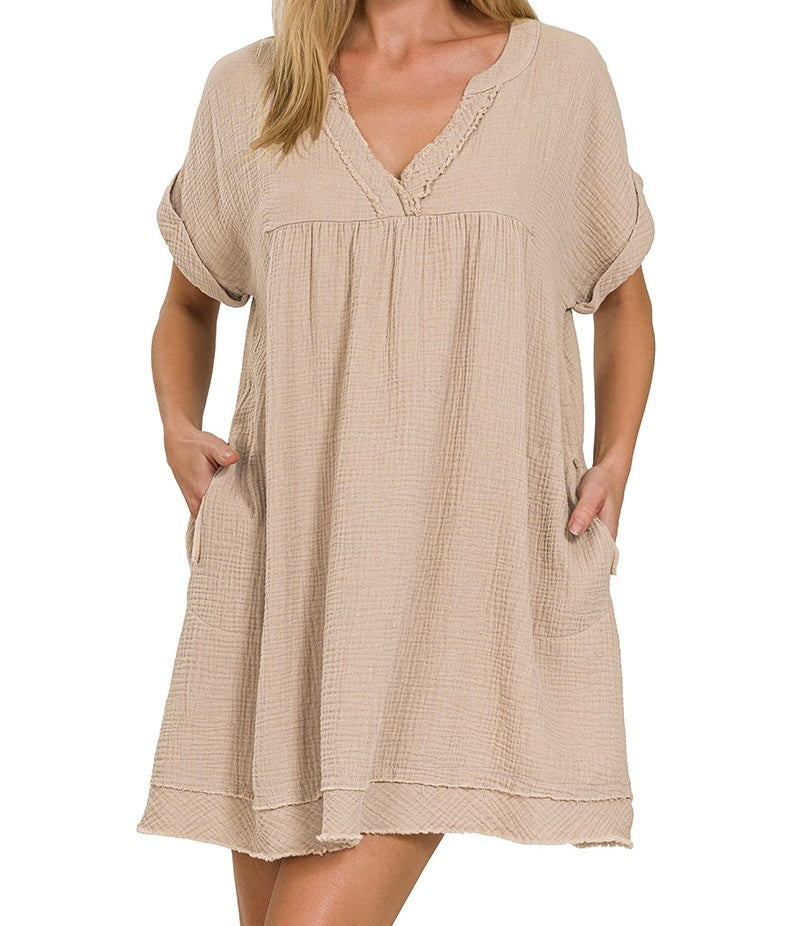 RAW EDGE V-NECK DRESS