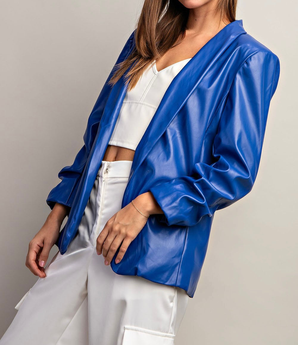 ALL BUSINESS FAUX LEATHER BLAZER-ROYAL BLUE