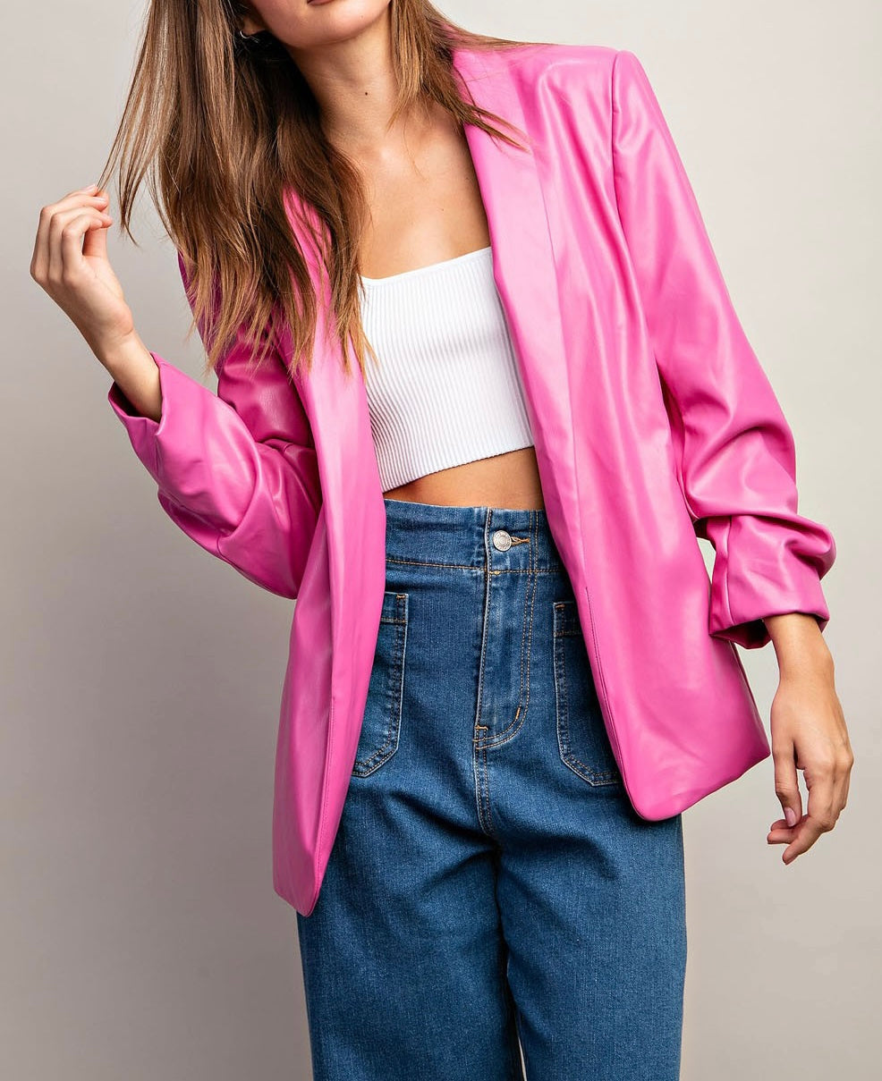 ALL BUSINESS FAUX LEATHER BLAZER-HOT PINK