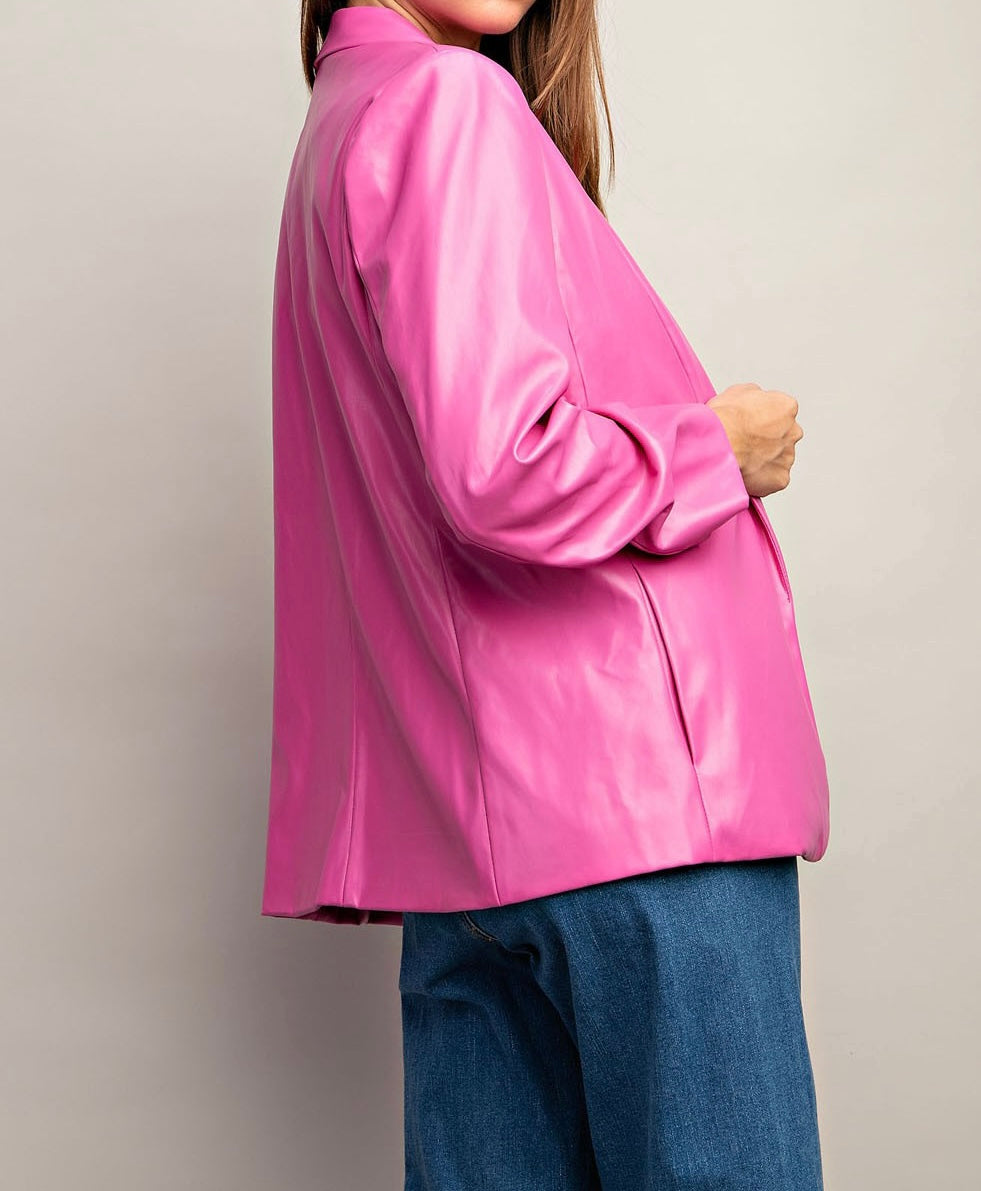ALL BUSINESS FAUX LEATHER BLAZER-HOT PINK