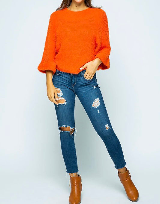 FUZZY AND FAMILIAR OFF THE SHOULDER SWEATER-ORANGE