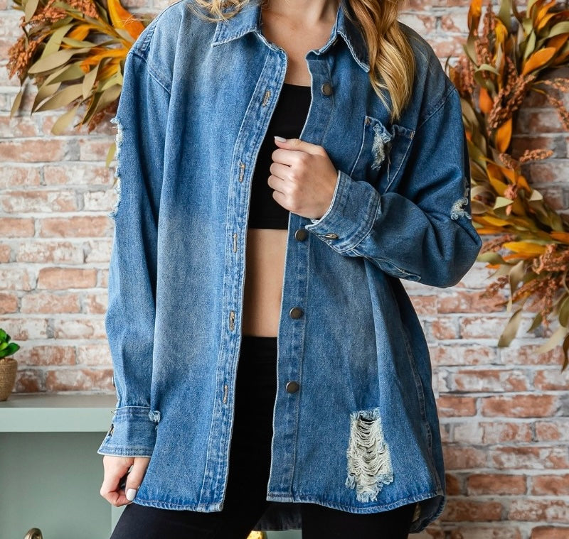 DISTRESSED DENIM SHIRT JACKET