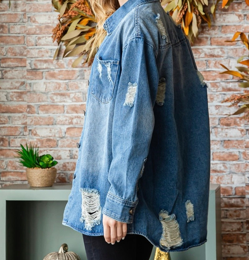 DISTRESSED DENIM SHIRT JACKET